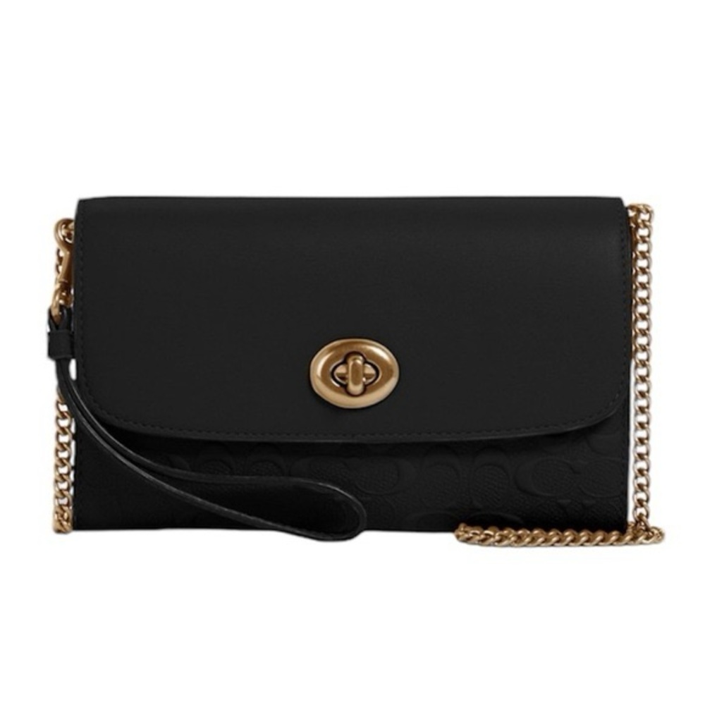 Coach Chain Crossbody Bag on Chain with Wristlet strap In Black Embossed Logo